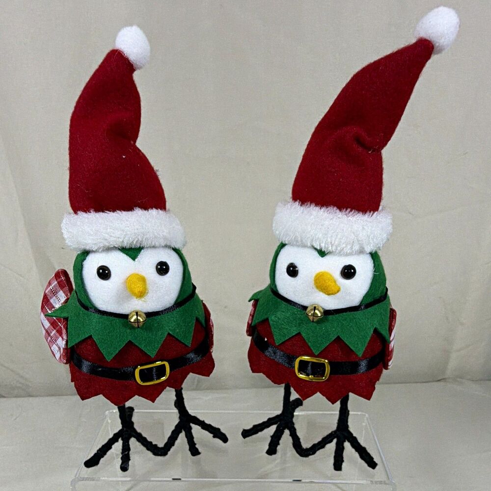 Christmas Elf Penguins Plush Shelf Sitters Plaid Holiday Decor Set of 2 8"